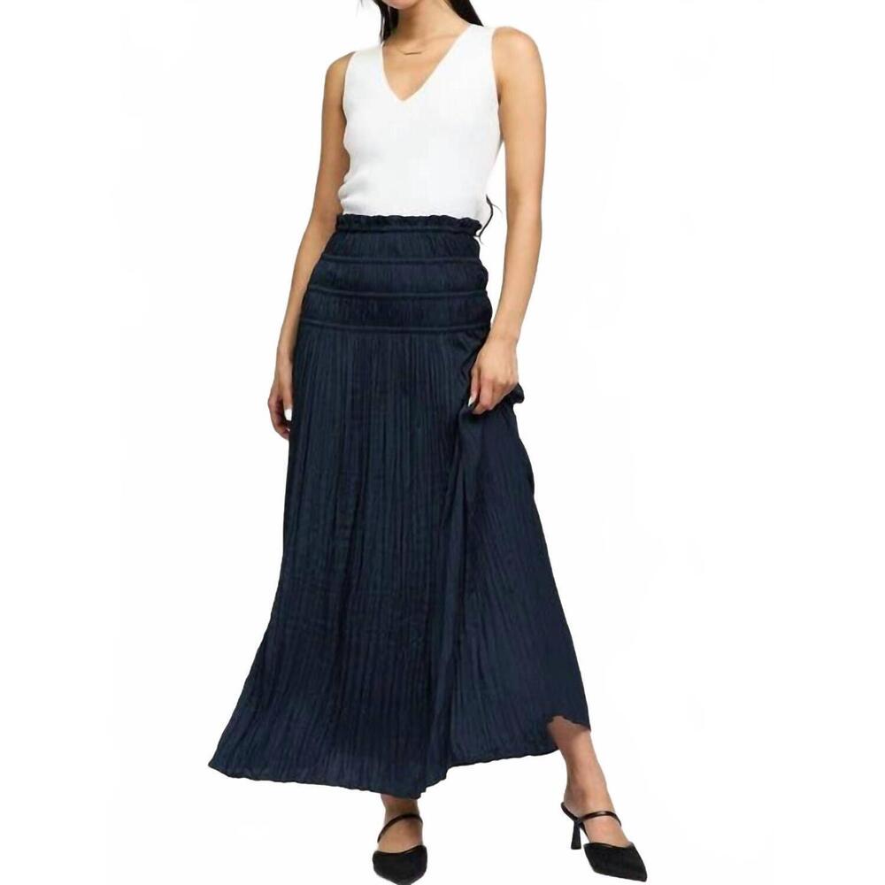 NEW CURRENT AIR crinkled smocked waist maxi skirt in dark navy